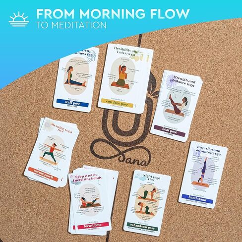 Natural Cork Yoga Mat with Alignment Lines and 55 Instructional Cards in 7 Themes for Beginner - Non-Slip Eco Friendly - 183x66x5mm for Home Workouts, Balance & Precision in Saudi Arabia