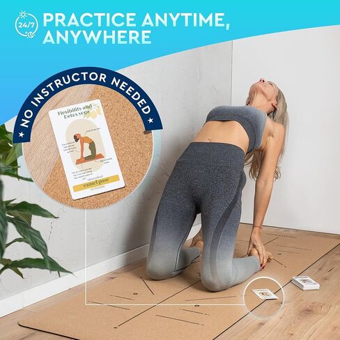Natural Cork Yoga Mat with Alignment Lines and 55 Instructional Cards in 7 Themes for Beginner - Non-Slip Eco Friendly - 183x66x5mm for Home Workouts, Balance & Precision in Saudi Arabia