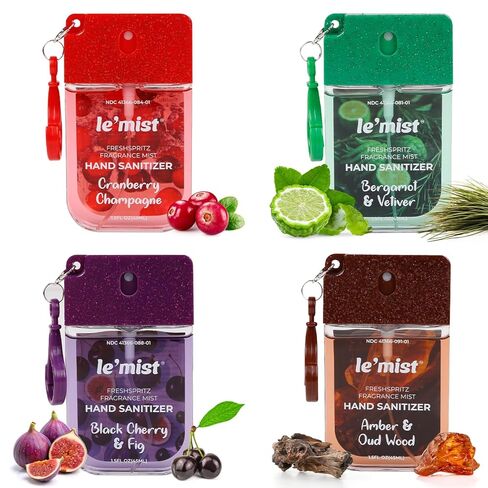 Le’Mist Freshspritz Fragrance Mist Hand Sanitizer Sprays (Rosewater, Cherry Blossom & Pear, Bubblegum Pop, Cashmere Woods), 1.5 fl oz Each (Pack of 4) - Portable Pocket Spray with Clip-On Design in Saudi Arabia