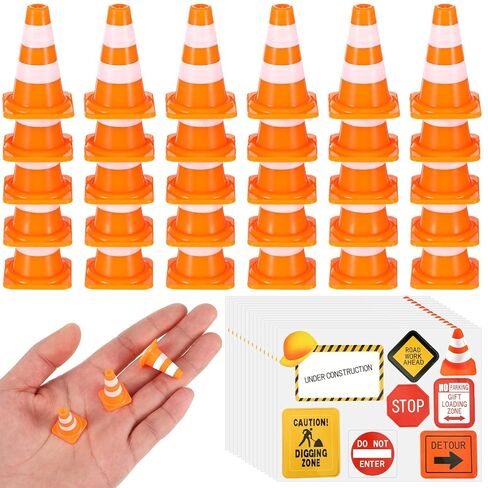 Roadblock Cone Sign Model 32pcs Mini Plastic Traffic Cones and 32Pcs Mini Traffic Signs Cupcake Toppers Safety Cones Cupcake Picks Orange Food Picks Road Sign Cake Decoration for Birthday Party in Saudi Arabia