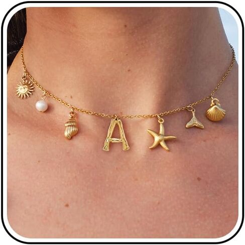 SLOONG Initial Charm Necklace for Women, Beach Pendant 14K Gold Plated Letter Neckalces Freshwater Pearl Choker Boho Summer Jewelry Gifts in Kuwait