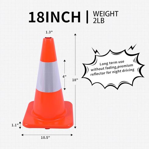 8 عبوات من مخاريط السلامة المرورية PVC المخروطية للطرق مقاس 18 بوصة للاستخدام في مواقف السيارات على الطرق المنزلية مع ياقة عاكسة in Kuwait
