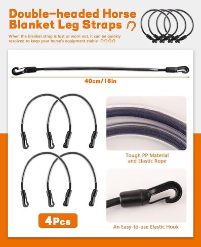 4 قطع من أحزمة ساق بطانية الحصان وحزام ذيل مرن قابل للتعديل، وحزام ذيل سجادة الحصان المطاطي مع مشابك مزدوجة الأطراف in Kuwait