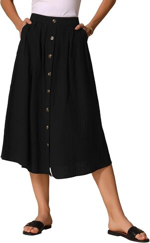 تنورة Allegra K Cotton Midi للسيدات الصيفي للسيدات الزر غير الرسمي ديكور مرنة الخصر A-Line مع جيب in Saudi Arabia