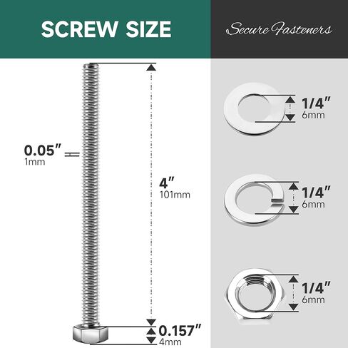 1/4-20 x 4 Hex Head Bolts Screws with Nuts, Flat & Lock Washers, 304 Stainless Steel Bolts and Nuts External Hex Drive Full Threaded 1/4 Bolt (10Sets) in Kuwait