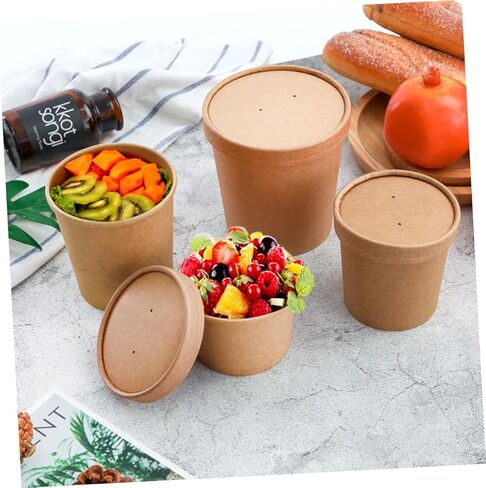Yardwe Disposable Kraft Paper Soup Cups with Lids 12oz 25 Sets Food-grade Kraft Soup Buckets for Hot and Cold Meals Takeout Containers Porridge Ice Cream and Meal Prep in Saudi Arabia