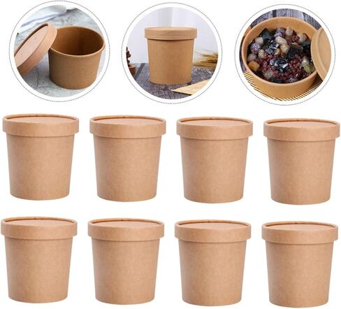 Yardwe Disposable Kraft Paper Soup Cups with Lids 12oz 25 Sets Food-grade Kraft Soup Buckets for Hot and Cold Meals Takeout Containers Porridge Ice Cream and Meal Prep in Saudi Arabia
