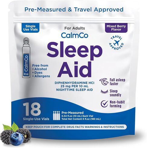 قارورة المساعدة على النوم للبالغين من كالمكو - مساعدة النوم أثناء الليل مع ديفينهيدرامين حمض الهيدروكلوريك 25 مجم، مساعد نوم سائل غير معتاد للبالغين، تساعدك على النوم بسرعة من أجل نوم أفضل، نكهة التوت المختلطة، 18 قطعة in Kuwait