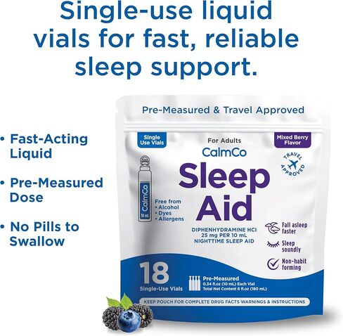 قارورة المساعدة على النوم للبالغين من كالمكو - مساعدة النوم أثناء الليل مع ديفينهيدرامين حمض الهيدروكلوريك 25 مجم، مساعد نوم سائل غير معتاد للبالغين، تساعدك على النوم بسرعة من أجل نوم أفضل، نكهة التوت المختلطة، 18 قطعة in Kuwait
