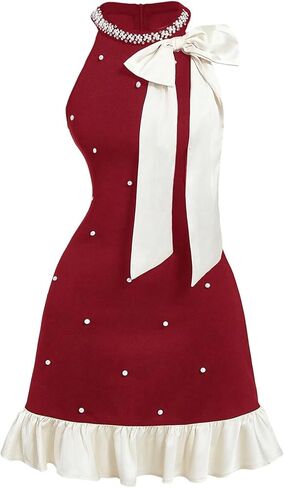 Floerns Women's Cute Bowknot Halter Dress Pearl Beaded Ruffle Hem Party Mini Dresses in Saudi Arabia