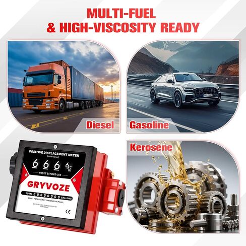 1 Inch Mechanical Fuel Flow Meter, 5–32 GPM Positive Displacement Fuel Pump Meter for Diesel, Gasoline & Oil, Industrial Grade, Gallon Totalizer Counter in Kuwait