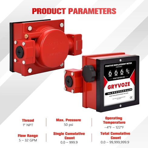 1 Inch Mechanical Fuel Flow Meter, 5–32 GPM Positive Displacement Fuel Pump Meter for Diesel, Gasoline & Oil, Industrial Grade, Gallon Totalizer Counter in Kuwait
