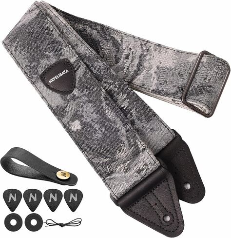 Nefelibata Guitar Strap 2.3", Double Cowhide Leather Ends, Cotton Guitar Straps for Bass, Electric & Acoustic Guitar, with Strap Button, Strap Locks and Guitar Picks in Saudi Arabia