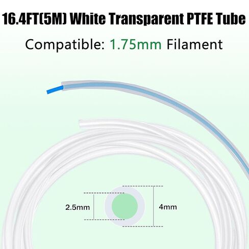 أنبوب 5M PTFE لخيوط 1.75 مم، قناة داخلية منخفضة الاحتكاك على شكل نجمة، مقاومة لدرجة الحرارة العالية حتى 260 درجة مئوية، تدفق خيوط سلس وتقليل الانسداد. تتضمن 2 وصلات وقاطع. باللون الرمادي الشفاف. in Kuwait