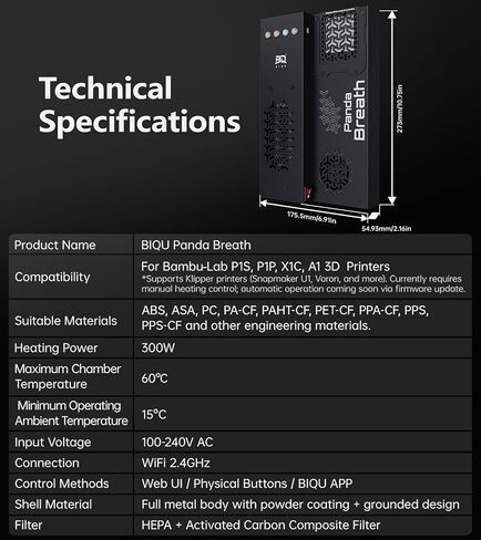 BIQU Panda Breath 3 in 1 Smart 3D Printer Chamber Heater + Air Filter + Filament Dryer for Bambu-Lab P1S P1P X1C A1, Snapmaker U1, Voron 3D Printers, Auto Start/Stop, Web/Button Control in Kuwait