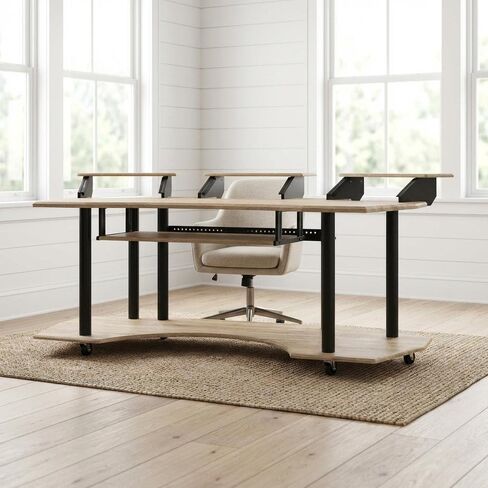 Natural Oak Music Recording Studio Desk, Contemporary Style, Steel and Veneer Construction, Spacious 83-Inch Length for Creative Workspace in Saudi Arabia