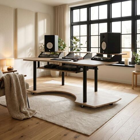 Natural Oak Music Recording Studio Desk, Contemporary Style, Steel and Veneer Construction, Spacious 83-Inch Length for Creative Workspace in Saudi Arabia