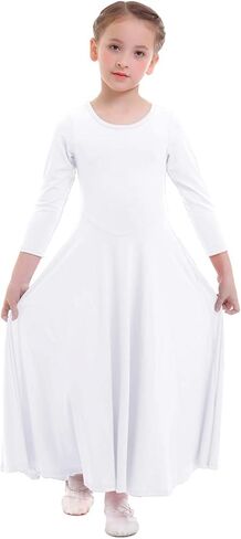 فستان ZX Girl بأكمام طويلة لرقص الثناء بطول كامل وواسع وعريض وملابس رقص غنائية للعبادة الليتورجية، أبيض، 5-6 سنوات in Kuwait