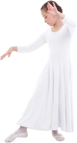 فستان ZX Girl بأكمام طويلة لرقص الثناء بطول كامل وواسع وعريض وملابس رقص غنائية للعبادة الليتورجية، أبيض، 5-6 سنوات in Kuwait
