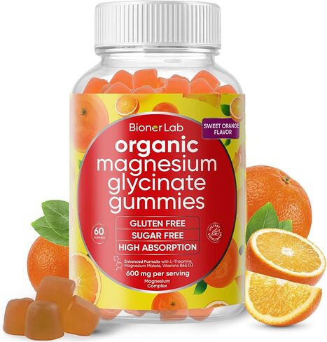 Magnesium Glycinate Chewable Gummies (600mg) for Kids & Adults Women Men - Vegan Complex with Calcium Potassium Vitamin D B6 L-Theanine - Sugar & Gluten Free - Orange Flavor in Saudi Arabia