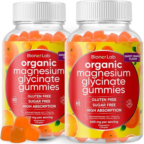Magnesium Glycinate Chewable Gummies (600mg) for Kids & Adults Women Men - Vegan Complex with Calcium Potassium Vitamin D B6 L-Theanine - Sugar & Gluten Free - Orange Flavor in Saudi Arabia