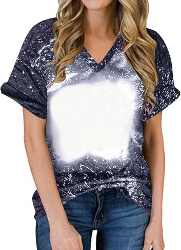 Women's Tops Bleached Sublimation Blanks Shirts Short Sleeve Loose V Neck Casual Trendy Fashion Tunic Summer Blouses in Saudi Arabia