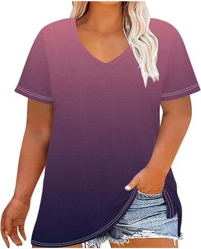 Womens Plus Size Gradient Color Tops V Neck Short Sleeve Loose Casual Shirts Soft Blouse for Summer Beach Fashion in Saudi Arabia
