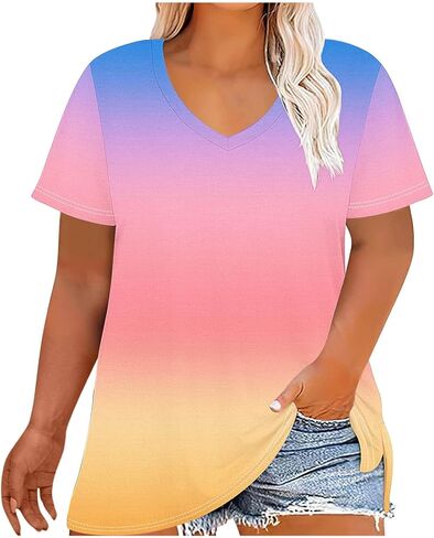 Womens Plus Size Gradient Color Tops V Neck Short Sleeve Loose Casual Shirts Soft Blouse for Summer Beach Fashion in Saudi Arabia