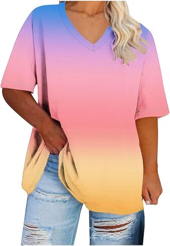 Womens Plus Size Gradient Color Tops V Neck Short Sleeve Loose Casual Shirts Soft Blouse for Summer Beach Fashion in Saudi Arabia