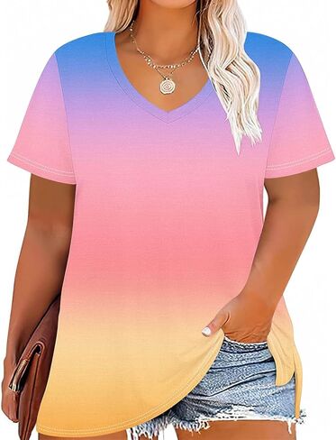 Womens Plus Size Gradient Color Tops V Neck Short Sleeve Loose Casual Shirts Soft Blouse for Summer Beach Fashion in Saudi Arabia