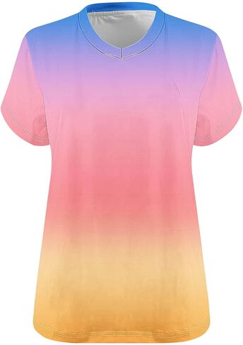 Womens Plus Size Gradient Color Tops V Neck Short Sleeve Loose Casual Shirts Soft Blouse for Summer Beach Fashion in Saudi Arabia