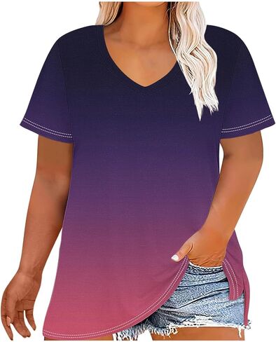 Womens Plus Size Gradient Color Tops V Neck Short Sleeve Loose Casual Shirts Soft Blouse for Summer Beach Fashion in Saudi Arabia