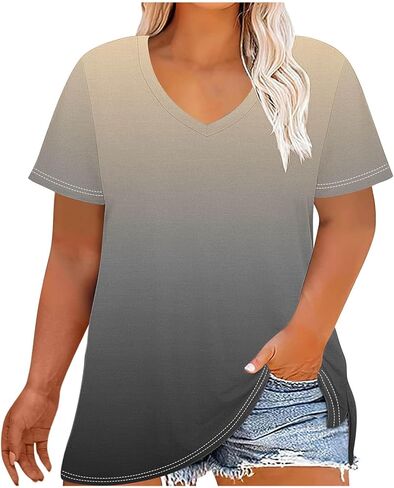 Womens Plus Size Gradient Color Tops V Neck Short Sleeve Loose Casual Shirts Soft Blouse for Summer Beach Fashion in Saudi Arabia