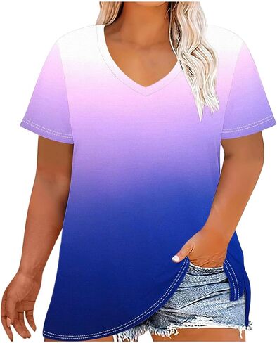 Womens Plus Size Gradient Color Tops V Neck Short Sleeve Loose Casual Shirts Soft Blouse for Summer Beach Fashion in Saudi Arabia