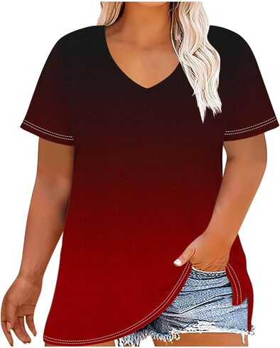 Womens Plus Size Gradient Color Tops V Neck Short Sleeve Loose Casual Shirts Soft Blouse for Summer Beach Fashion in Saudi Arabia