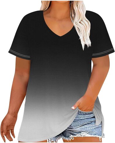 Womens Plus Size Gradient Color Tops V Neck Short Sleeve Loose Casual Shirts Soft Blouse for Summer Beach Fashion in Saudi Arabia