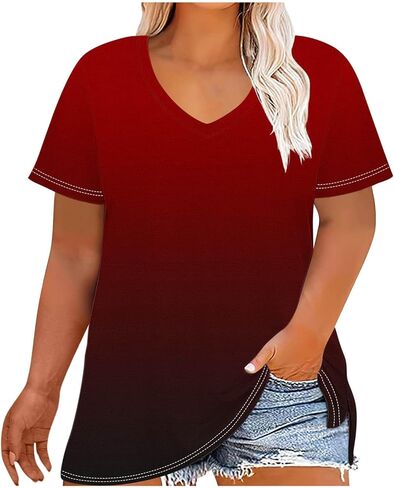 Womens Plus Size Gradient Color Tops V Neck Short Sleeve Loose Casual Shirts Soft Blouse for Summer Beach Fashion in Saudi Arabia