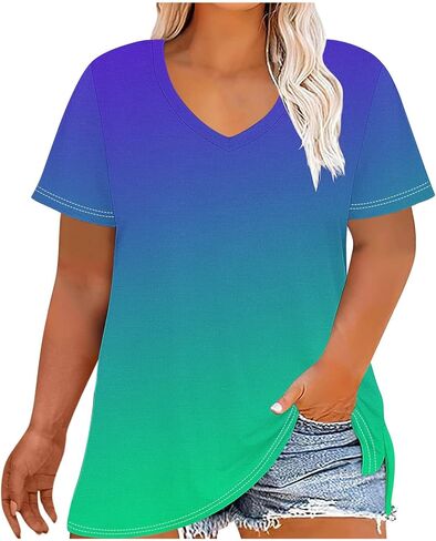 Womens Plus Size Gradient Color Tops V Neck Short Sleeve Loose Casual Shirts Soft Blouse for Summer Beach Fashion in Saudi Arabia