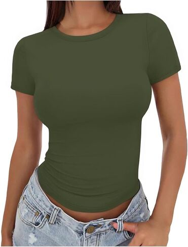 Athletic Summer Tops for Women Tight Fit Short Sleeve Shirts Solid Crewneck Slim Fit Quick Dry Running Gym Blouse in Saudi Arabia