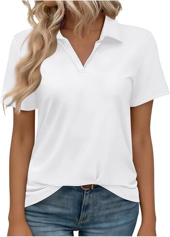 Women's Summer Tops Lapel Collared Shirts V Neck Short Sleeve Blouse Solid Basic Casual Slim Fit Going Outfits in Saudi Arabia