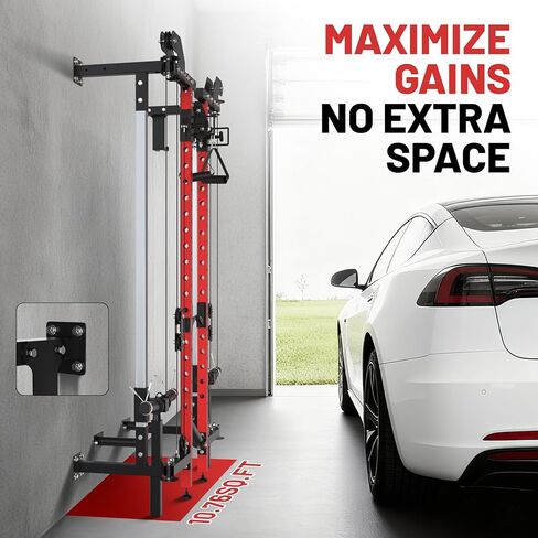 GarveeLife Folding Squat Rack, Wall Mounted Power Rack with Pulley System & Pull Up Bar, Compact Fitness Equipment with 5 Adjustable Function Modes for Small Spaces, Garage, Apartment, Red in Saudi Arabia