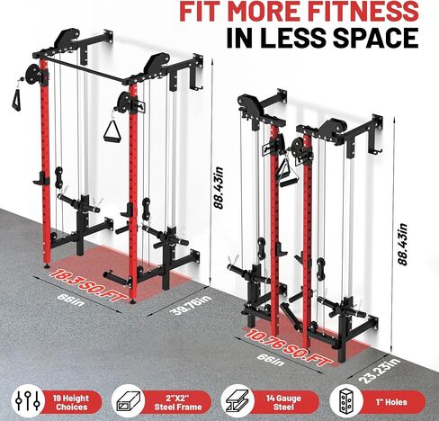 GarveeLife Folding Squat Rack, Wall Mounted Power Rack with Pulley System & Pull Up Bar, Compact Fitness Equipment with 5 Adjustable Function Modes for Small Spaces, Garage, Apartment, Red in Saudi Arabia