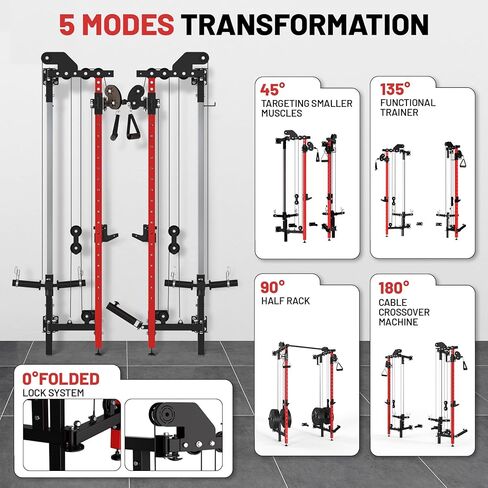 GarveeLife Folding Squat Rack, Wall Mounted Power Rack with Pulley System & Pull Up Bar, Compact Fitness Equipment with 5 Adjustable Function Modes for Small Spaces, Garage, Apartment, Red in Saudi Arabia