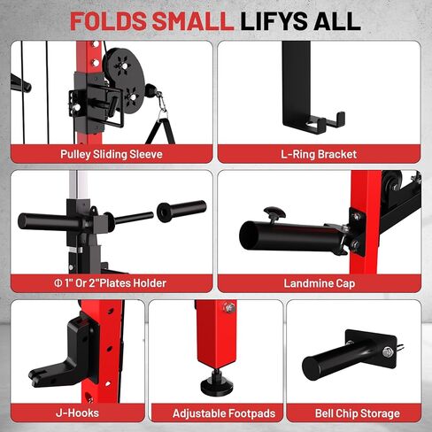GarveeLife Folding Squat Rack, Wall Mounted Power Rack with Pulley System & Pull Up Bar, Compact Fitness Equipment with 5 Adjustable Function Modes for Small Spaces, Garage, Apartment, Red in Saudi Arabia