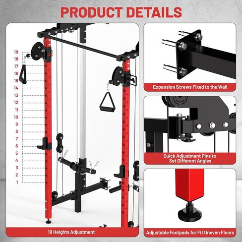 GarveeLife Folding Squat Rack, Wall Mounted Power Rack with Pulley System & Pull Up Bar, Compact Fitness Equipment with 5 Adjustable Function Modes for Small Spaces, Garage, Apartment, Red in Saudi Arabia