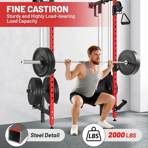 GarveeLife Folding Squat Rack, Wall Mounted Power Rack with Pulley System & Pull Up Bar, Compact Fitness Equipment with 5 Adjustable Function Modes for Small Spaces, Garage, Apartment, Red in Saudi Arabia