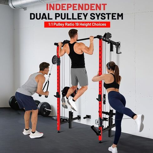 GarveeLife Folding Squat Rack, Wall Mounted Power Rack with Pulley System & Pull Up Bar, Compact Fitness Equipment with 5 Adjustable Function Modes for Small Spaces, Garage, Apartment, Red in Saudi Arabia