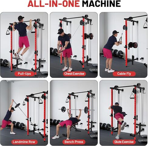 GarveeLife Folding Squat Rack, Wall Mounted Power Rack with Pulley System & Pull Up Bar, Compact Fitness Equipment with 5 Adjustable Function Modes for Small Spaces, Garage, Apartment, Red in Saudi Arabia