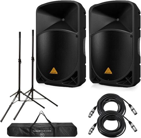 Behringer 2 Pack EUROLIVE B115D Active 1000 Watt 2-Way 15 "PA نظام مكبرات الصوت - حزمة مع 2 كابل ميكروفون XLR مقاس 25 بوصة، زوج حامل مكبر صوت على شكل حامل ثلاثي القوائم in Saudi Arabia