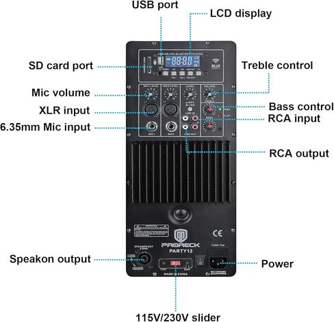 PRORECK PARTY 12 Portable 12-Inch Woofer 2-Way Powered PA Speaker System Combo Set with Bluetooth/USB/SD Card Reader/FM Radio/Remote Control/Speaker Stand in Kuwait
